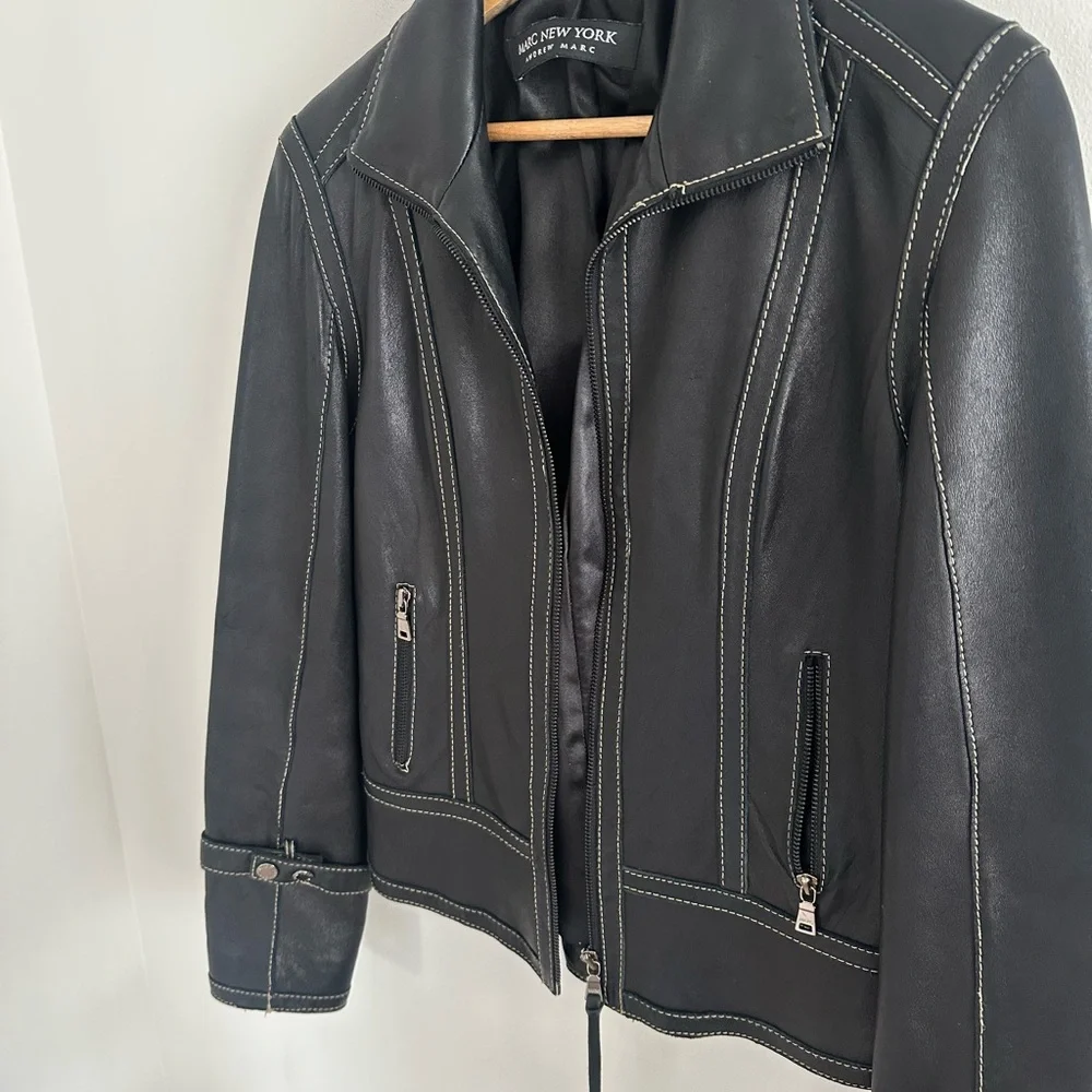 Marc New York‎ Black vintage Leather Moto Jacket Contrast Stitching size small - Picture 4 of 11